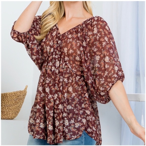 Lovely J Brown Floral V-Neck Semi-Sheer Chiffon Blouses Sz.S - Picture 3 of 3